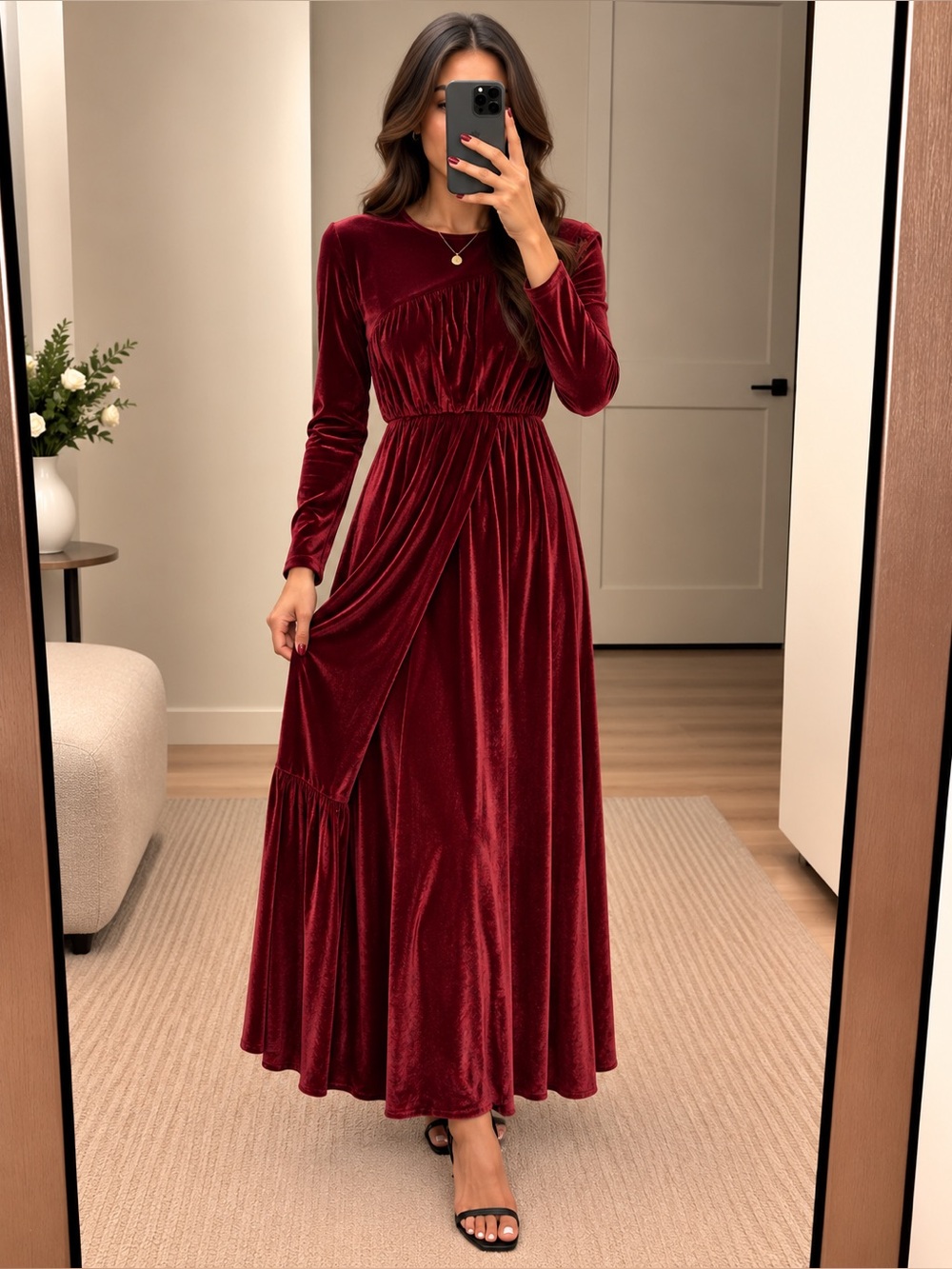 Elegant Velvet Long Sleeve Maxi Dress in Burgundy